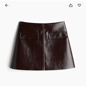 H&M Dark Brown Faux Leather A-Line Mini Skirt with Flap Pockets